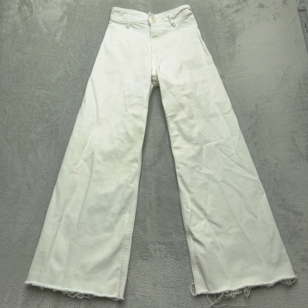 Zara Jeans Womens 4 White Wide Leg High Rise Raw Hem Frayed Denim Pants Flare
